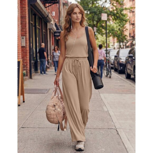 Women's Khaki Summer Dressy Sleeveless Wide Leg Long Pant Romper Jumpsuit - Picture 3 of 6